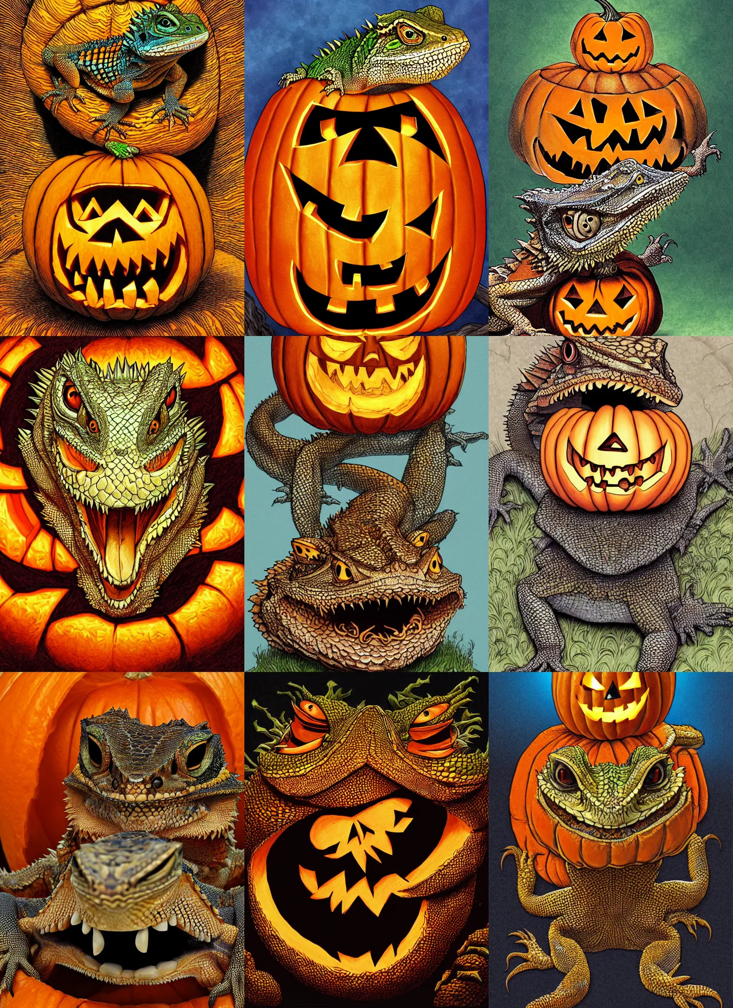 Prompt: surreal image of a bearded dragon peaking out the mouth of a jack-o-lantern in the art style of Eric Fortune and Rebecca Guay, sharp focus, 8k high definition, insanely detailed, intricate, elegant