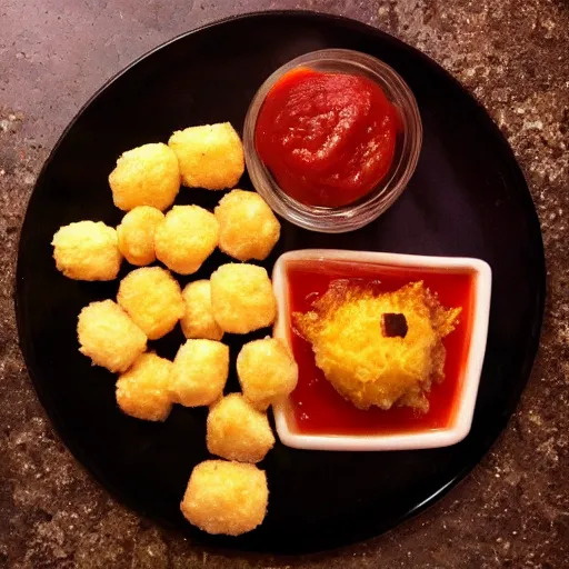 Image similar to food photo of channing tatum's face as tater tot on a plate with ketchup