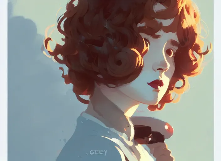 Prompt: portrait woman with short ginger curly hair in the crowd, by atey ghailan, by greg rutkowski, by greg tocchini, by james gilleard, by joe fenton, by kaethe butcher, by ashley wood, dynamic lighting, gradient light blue, brown, blonde cream and white color scheme, grunge aesthetic