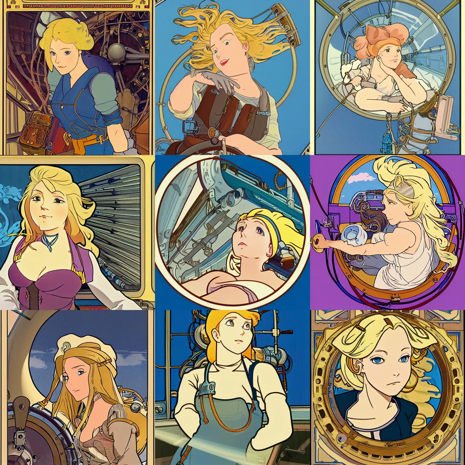 Prompt: Character portrait of a tank top-clad blonde female airship mechanic resting in her cramped bunk, steampunk, beautiful face, animation cel, vibrant shading, by Hayao Miyazaki and Disney Animation, Alphonse Mucha