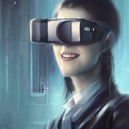 Image similar to Portrait of a woman by Greg Rutkowski, symmetrical face, a woman using a VR Headset covering her eyes, Kubric Stare, crooked and uncanny smile smile, she's wearing an office outfit, highly detailed portrait, scifi, digital painting, artstation, book cover, cyberpunk, concept art, smooth, sharp foccus ilustration, Artstation HQ