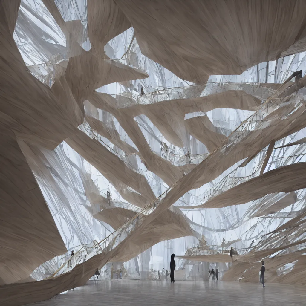 Image similar to a wooden and marble monumental stair tower of light climbing up, designed by zaha hadid, highly detailed, 4 k, unreal engine, volumetric lightning, mist, golden goddess athena