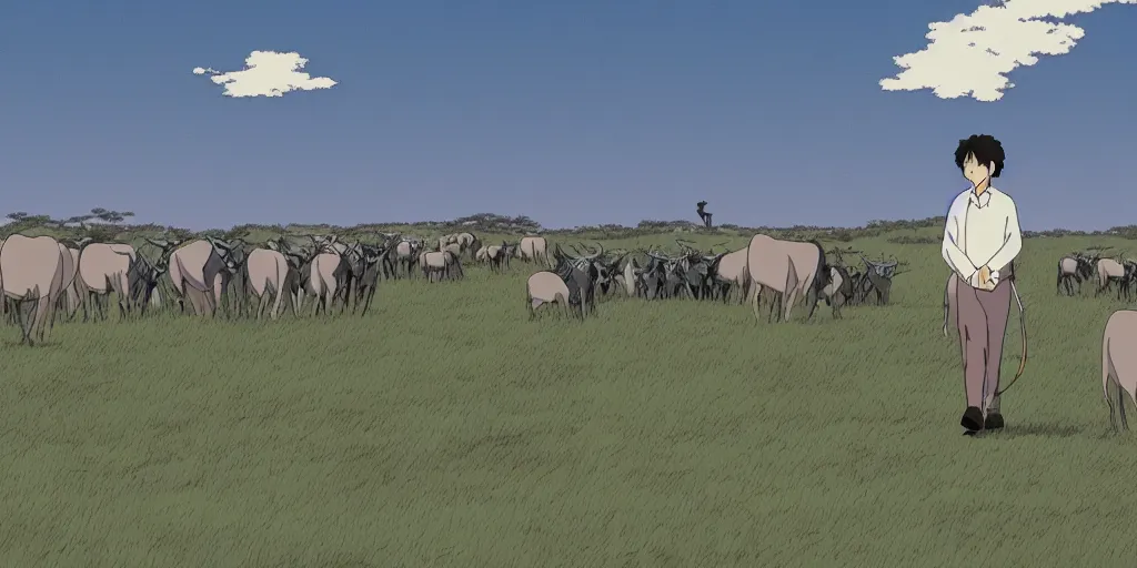 Prompt: very dull colors, hd. a cell - shaded studio ghibli cartoon of a grey scientist searching the sky while walking through a herd of wildebeest.