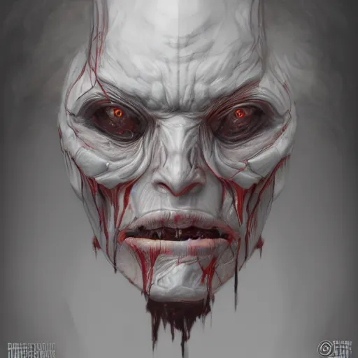 Prompt: blanchitsu assassin head, terrifying, grimdark, photorealistic, closeup, symmetrical, artstation