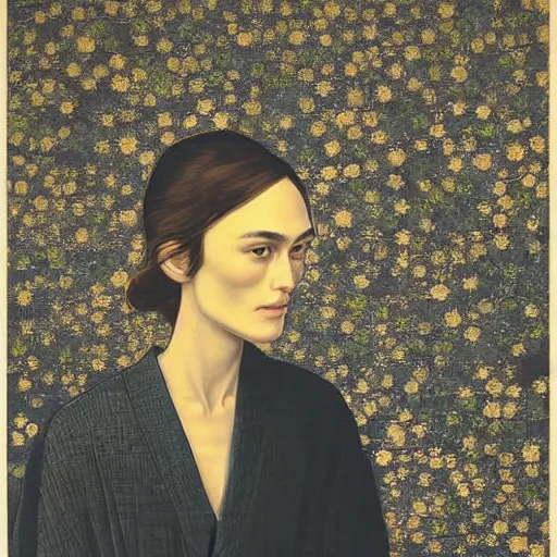 Image similar to “ keira knightley portrait by ikenaga yasunari and ayana otake and ko rakusui, 6 0 s poster, drawing, realistic, sharp focus, japanese, dreamy, nostalgia, faded, golden hues, floral clothes ”