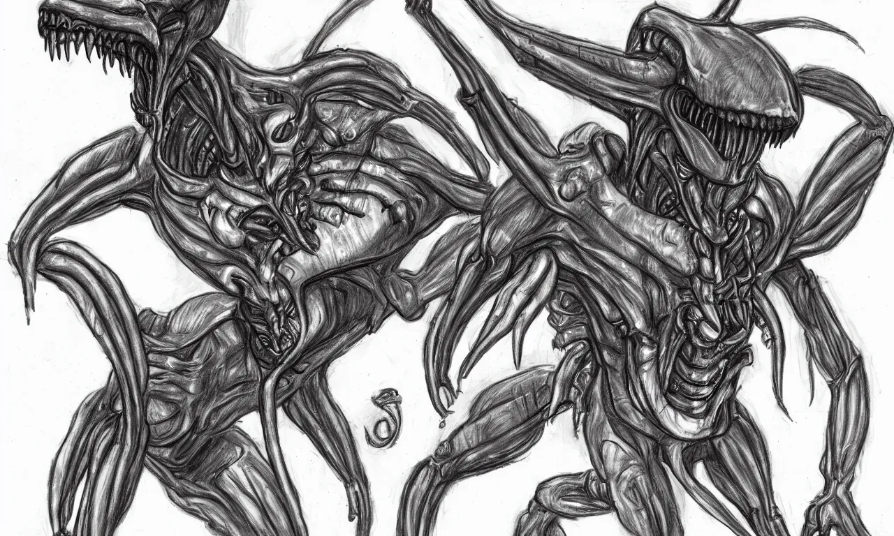 Image similar to a bad distorted rough kindergarden - sketch of one xenomorph drawn by a 4 year old kid