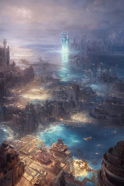 Image similar to magnificent view of the city of atlantis rising on the sea, intricate, elegant, volumetric lighting, digital painting, highly detailed, artstation, sharp focus, illustration, concept art, ruan jia, steve mccurry