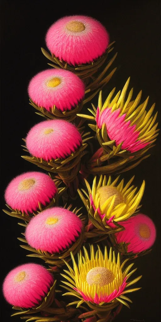 Image similar to detailed pink and yellow protea pincushions against a black backdrop by thomas cole, detailed brush strokes, oil painting, artstation