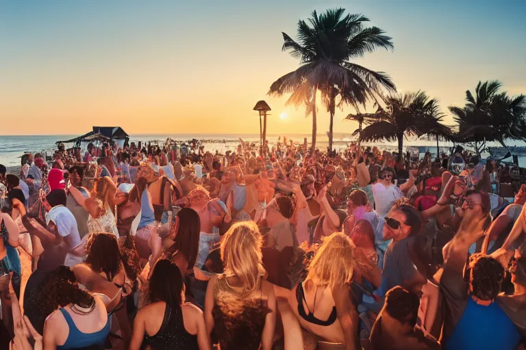 Prompt: everyone dancing at a party at the beach, drinking, food, bar, music, praising the sun, golden hour, cinematic, atmospheric, 8k resolution, Hyperrealistic