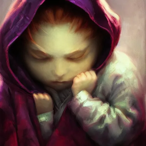 Prompt: Little nightmares, purple raincoat, red eyes, cuddling her gremlings, painted by raymond swanland
