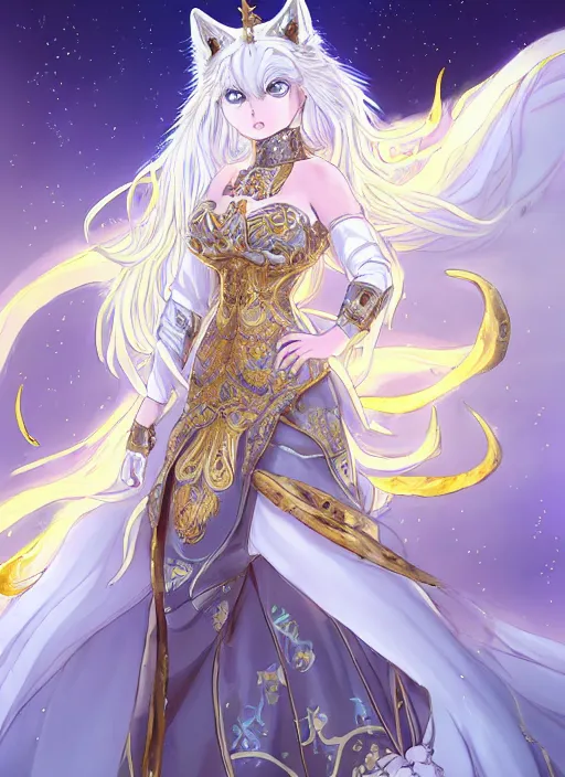 Image similar to commissioned full body portrait of a female anthro wolf princess fursona with white hair wearing a white and gold Japanese armored dress in a white and gold palace on a starry night with a large crescent moon, by a professional manga illustrator, Stanley Artgerm Lau, WLOP, Rossdraws, James Jean, Andrei Riabovitchev, Marc Simonetti, and Sakimichan, trending on artstation