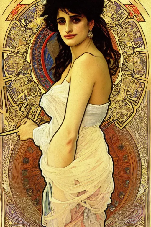 Image similar to portrait of penelope cruz, artwork by alphonse mucha