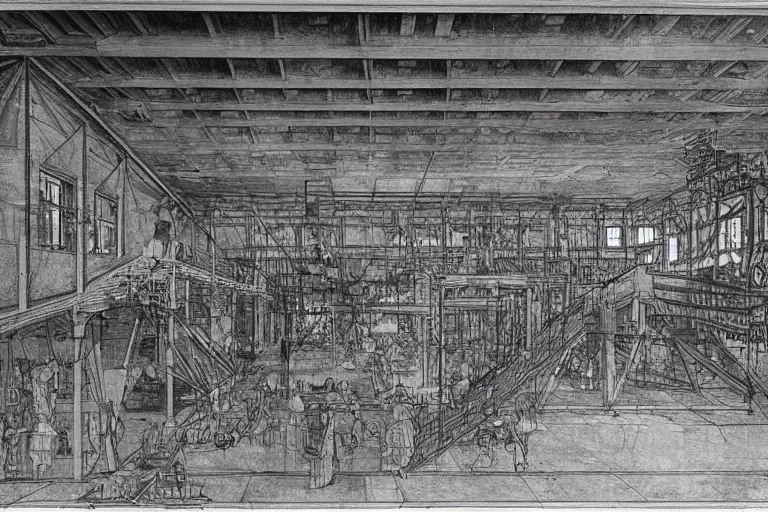 Prompt: a Leonardo DaVinci engineering drawing of an innovation factory powered by the human imagination