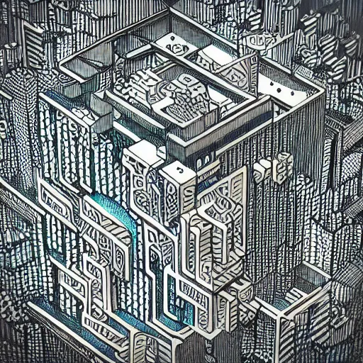 Prompt: “geometrically surreal cube city, extremely high detail, photorealistic, intricate drawings, dotart, album art in the style of James Jean”