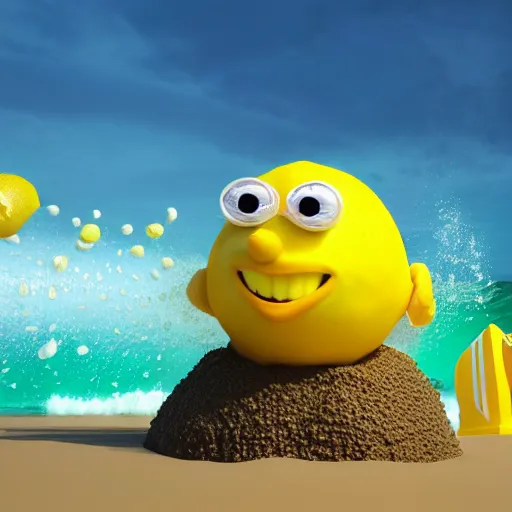 Prompt: 3 d octane render, of an anthropomorphic lemon character, with lemon skin texture, it is wearing a hat and scuba diving suit, building a sandcastle on the beach at sunset, beach, huge waves, sun, clouds, long violet and green trees, rim light, cinematic photography, professional, sand, sandcastle, volumetric lightening