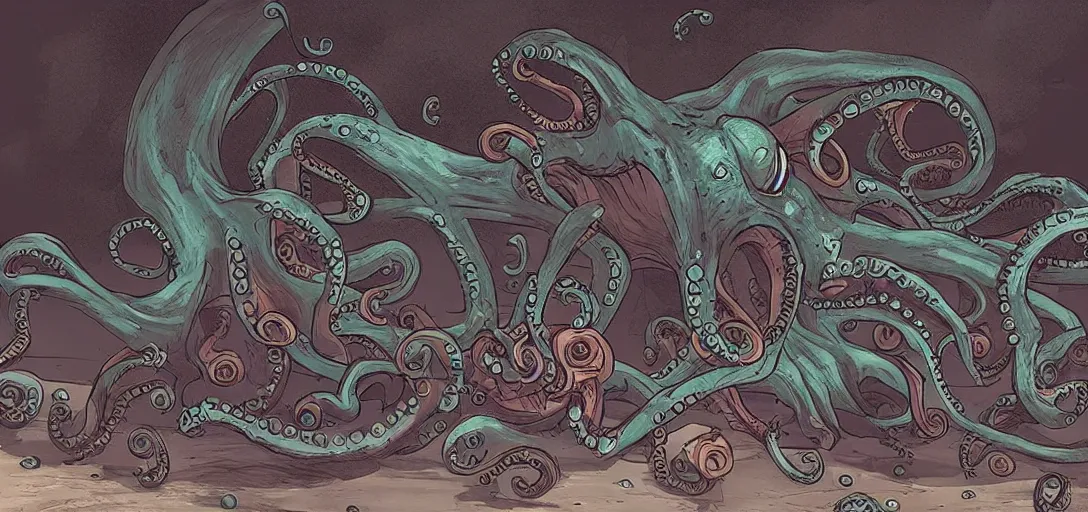 Image similar to concept art of octopus attack, lovecraftian, lots of teeth, melting horror, fighting the horrors of the unknown with laser guns