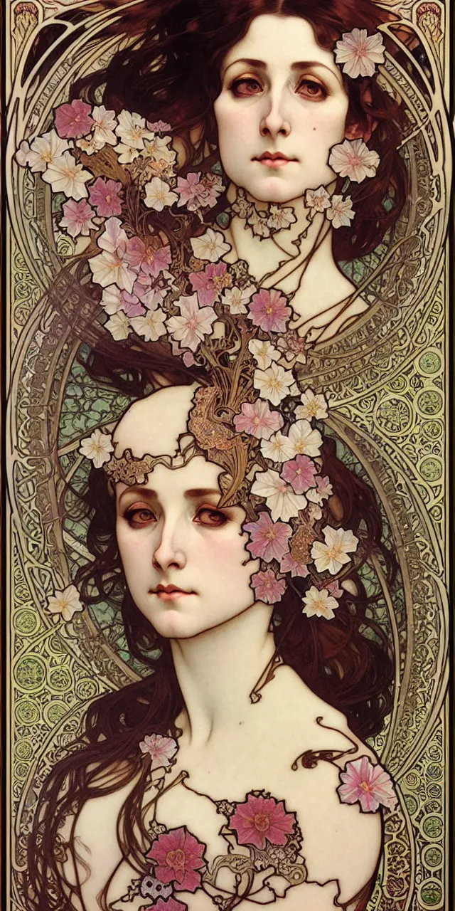 Prompt: a seamless pattern of realistic detailed face portraits of Ethereal Gothic Mata Hari by Alphonse Mucha, Ayami Kojima, Yoshitaka Amano, Charlie Bowater, Karol Bak, Greg Hildebrandt, Jean Delville, and Mark Brooks, face portraits arranged in a damask pattern, Art Nouveau, Pre-Raphaelite, Neo-Gothic, gothic, Art Nouveau, intricate fine details, exquisite, rich deep moody colors, beautiful detailed background