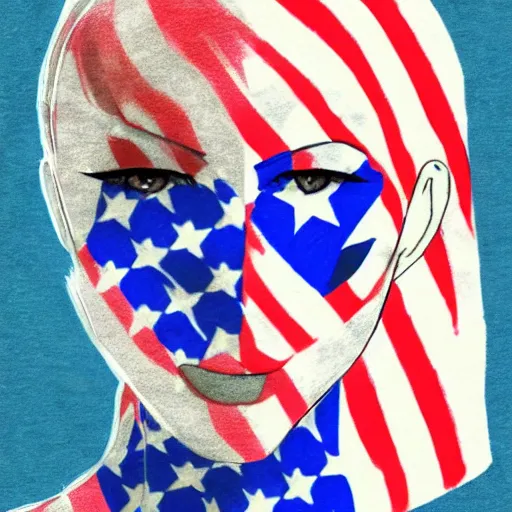 Prompt: a woman in a blue shirt with a american flag on her face, an anime drawing by ei - q, featured on pixiv, superflat, flat colors, commission for, anime