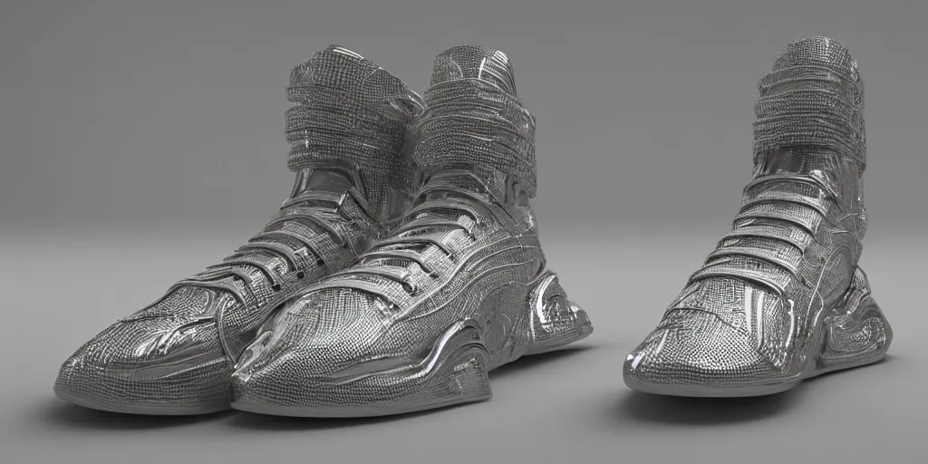 Image similar to one futuristic high - top sneaker with neon illuminated soles on a grey surface, clean 3 d render, beautiful studio lighting, soft, sharp focus, cyberpunk, intricate detail, gold filigree, art by iris van herpen and syd mead and rodin