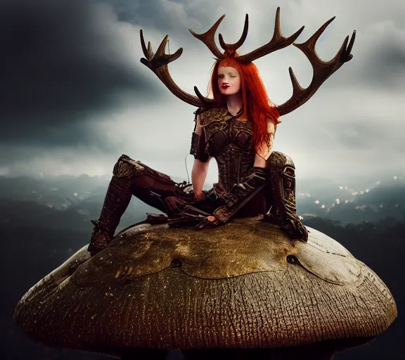 Prompt: a photo of an armored woman warrior redhead with antlers sitting on a giant mushroom that covers a whole village and reaches above the clouds by luis royo. intricate. lifelike. soft light. sony a 7 r iv 5 5 mm. cinematic post - processing