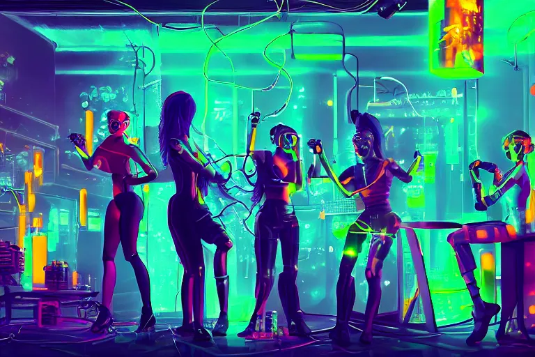 Prompt: cyberpunk nightclub, girls and female robots drinking radioactive glowing drinks from scientific glassware, loose wires and sparks, trending on Artstation