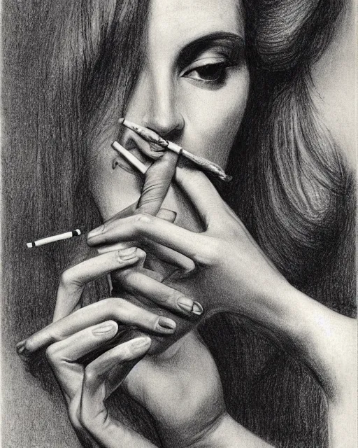 Prompt: drawing lesson, acurate, real, elegant female hand, holding a cigarette with her fingers, elegant up to the elbow, only five fingers, separated, elegant, neat nails, fotorealism, advertisement for a crossover salon, style by Maurits Cornelis Escher, 8k,