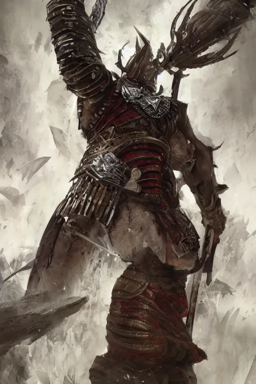 Image similar to Huge tribal oriental warrior in armor and reclined position, portrait, woodlands, magic the gathering artwork, D&D, fantasy, cinematic lighting, centered, symmetrical, highly detailed, digital painting, artstation, concept art, smooth, sharp focus, illustration, volumetric lighting, epic Composition, 8k, art by Akihiko Yoshida and Greg Rutkowski and Craig Mullins, oil painting, cgsociety