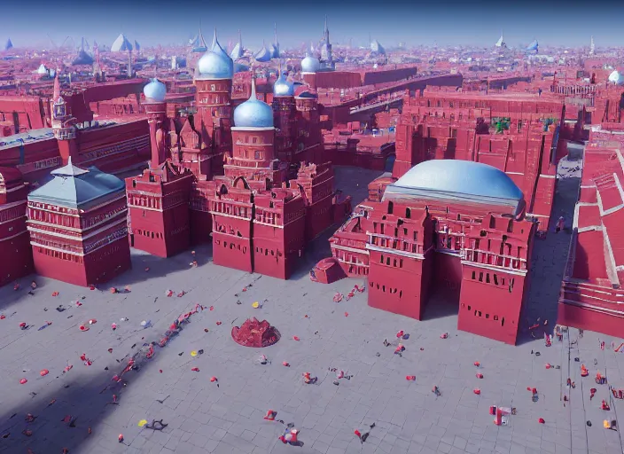 Image similar to overhead view of the great red square in the dwarf city of druman, medium shot, studio ghibli, pixar and disney animation, sharp, rendered in unreal engine 5, anime key art by greg rutkowski, bloom, dramatic lighting