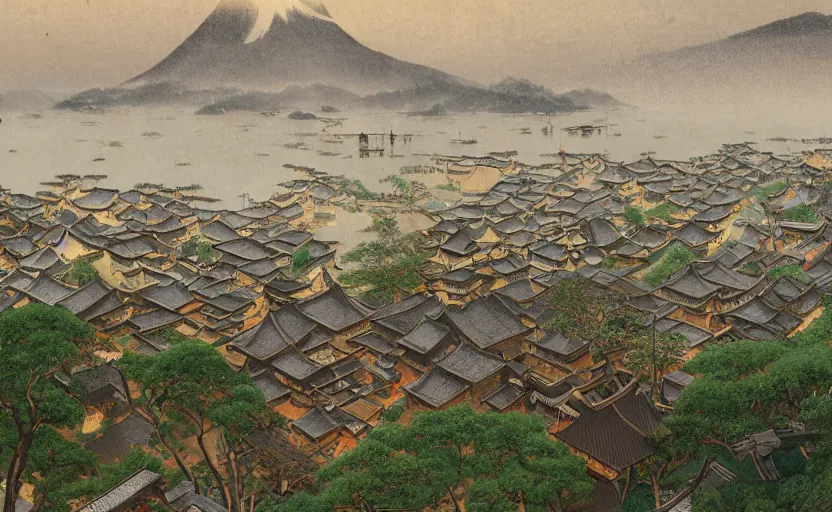 Prompt: birds eye view of a small 1800s japanese village , close up shot, at dusk, 4k, rule of thirds, extreme detail, hazy, intricate ink illustration, surreal, surrealist, trending on artstation, cgsociety, hd, complimentary colours, realistic lighting, by Albert Bierstadt, Frederic Edwin Church.