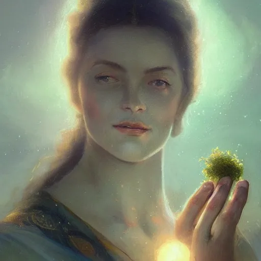 Image similar to A woman holding!!!!! Earth in her palms, enchanting it with a spell, illustrated by Greg Rutkowski and Gaston Bussiere, vividly radiantly beautiful lighting, closeup!!!!!, portrait imagery!!!!!, dazzling dappled lighting, subsurface scattering, light refractions, trending on artstation, 4k, 8k!!!!!