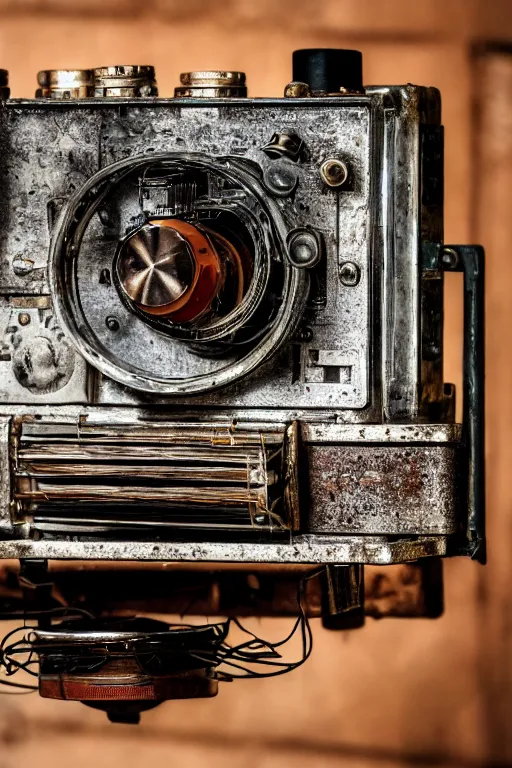 Image similar to A photo of a old 1960's device opened camera with film, vacuum tubes, capacitors and coils inside by Richard Kuiper and Steve McCurry, grungy, weathered Ultra detailed, hyper realistic, 4k