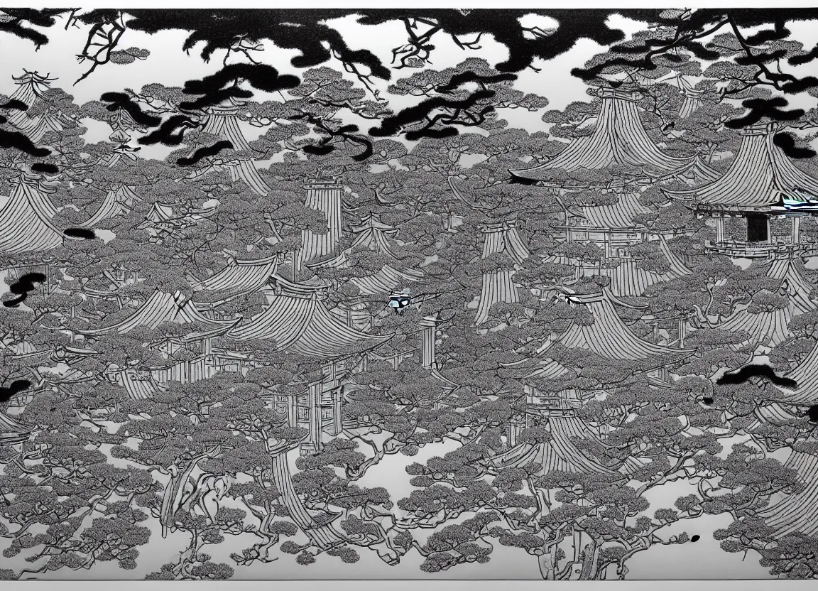 Prompt: realistic forest with an ancient Japanese shrine, Japanese Style, Monochrome, Plotter-art, Ukiyo-e