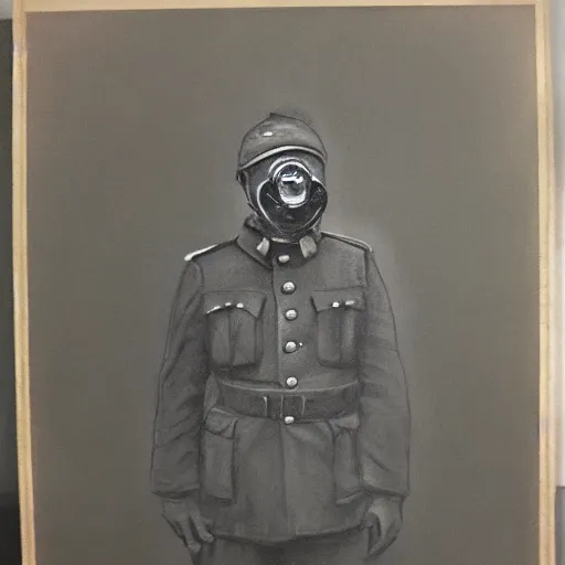 Prompt: charcoal portrait of a ww 1 soldier waering a gas mask