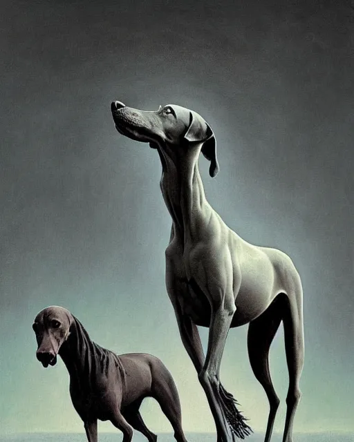 Image similar to painting of hybrid between black weimaraner & horse! & intercrossed animal, by zdzislaw beksinski, by mattias adolfsson, by tiffany bozic, cold hue's, warm tone gradient background, concept art, single object scene, beautiful composition, digital painting