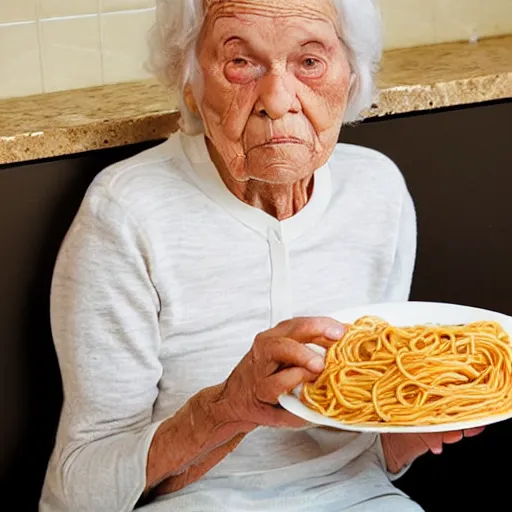 Image similar to grandma posing with her spaghetti, messy gross, she needs to wash