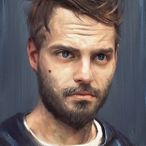 Image similar to Portrait of a man by Greg Rutkowski, he is about 30 years old, Nordic and Hebrew factions, messy brown short hair, strong, tired expression, father figure image, he is wearing a aegean blue utilitarian jumpsuit, highly detailed portrait, scifi, digital painting, artstation, concept art, smooth, sharp foccus ilustration, Artstation HQ.