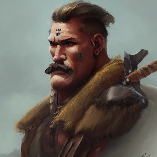 Image similar to portrait old barbarian warrior with trucker mustache and short hair, 8 k, trending on art station, by tooth wu and greg rutkowski