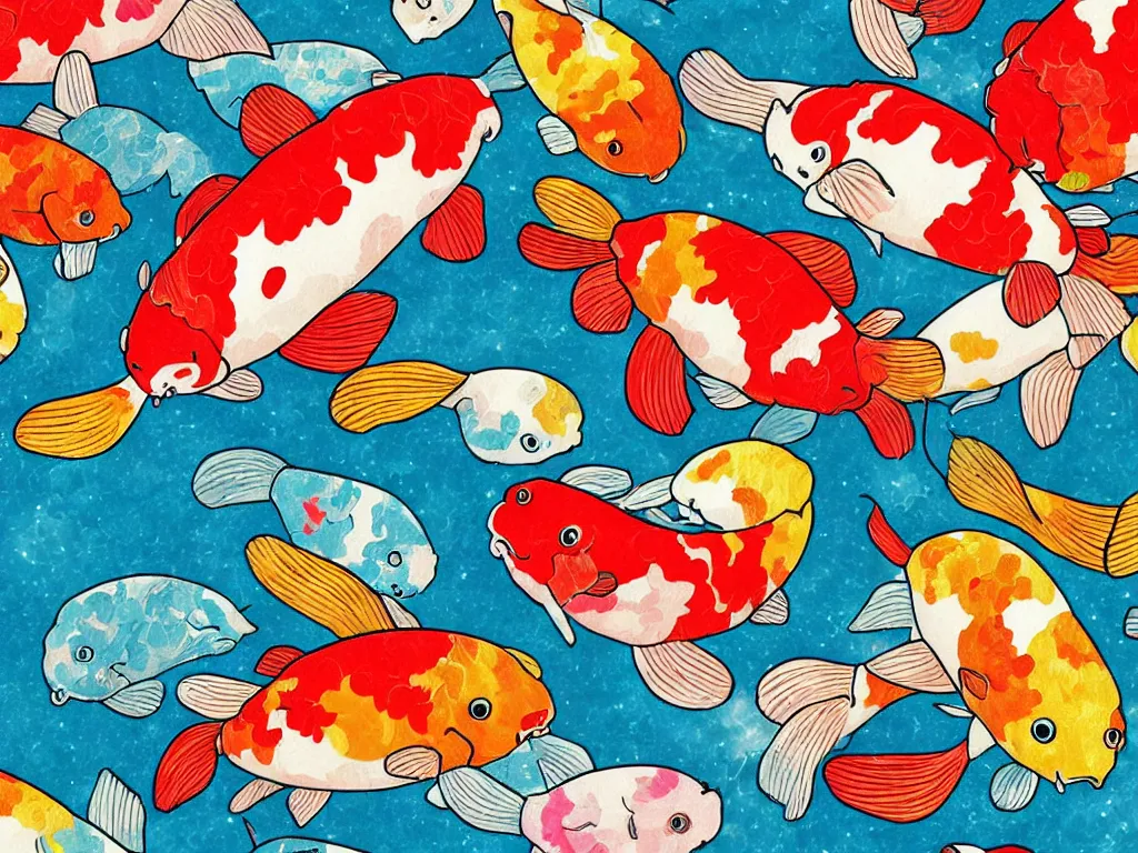 Image similar to colorful koi carp collage illustration pattern, tiny, small, miniature, short, cute and adorable, digital painting, highly detailed, intricate, elegant, artstation, concept art, colorful, beautiful, studio ghibli, aoshima chiho, takashi murakami, manga, cute and adorable