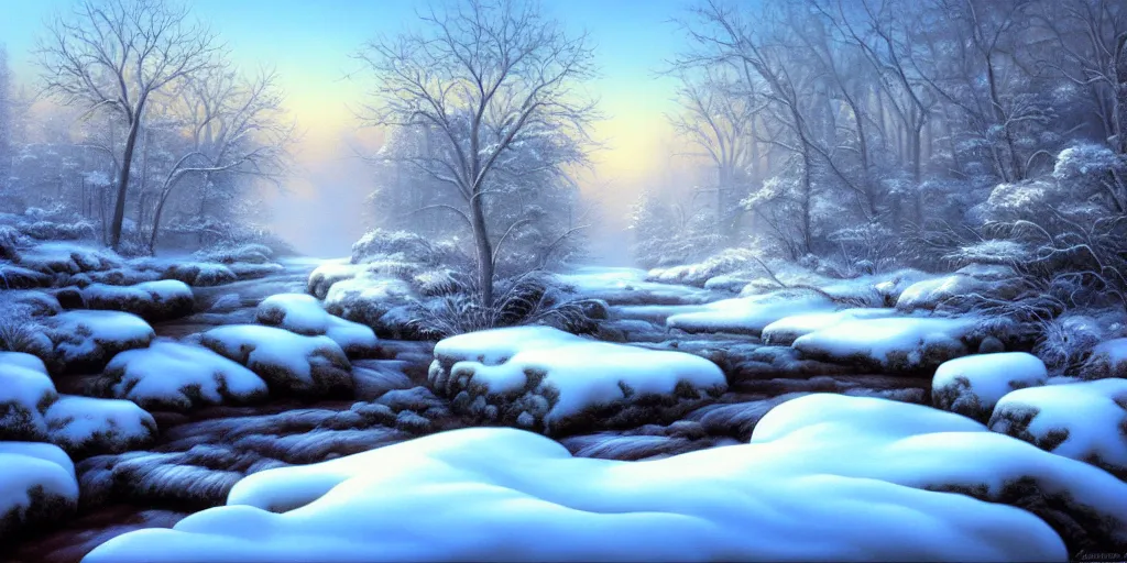 Image similar to a painting of a winter scene with a stream, an airbrush painting by terry redlin, deviantart, fantasy art, oil on canvas, airbrush art, matte painting