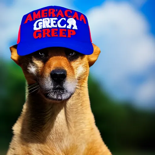 Image similar to doge wearing a make america great again cap, realistic, 8 k,