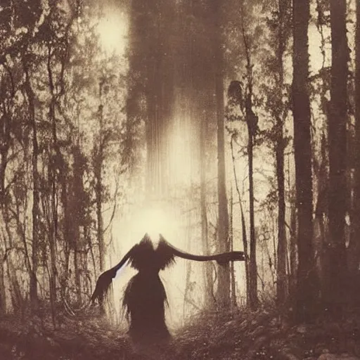 Image similar to found photo of a creepy beautiful witch woman with long hair floating in a forest, magical dark and spooky, flash photography