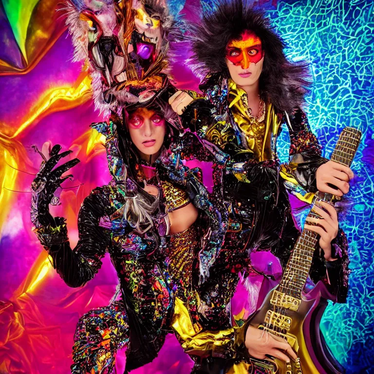 Image similar to high fashion photoshoot octane render portrait by wayne barlow and carlo crivelli and glenn fabry, a psychedelic werewolf guitar player wearing a colorful bright velvet and rhinestone glam rock outfit and holding a futuristic clear plastic fender guitar inside a futuristic beautiful boutique fantasy hotel lobby, very short depth of field, bokeh