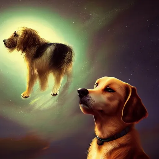 Image similar to A painting of a dog and a cat staring up at the night sky, artstation, cgsociety, 8k