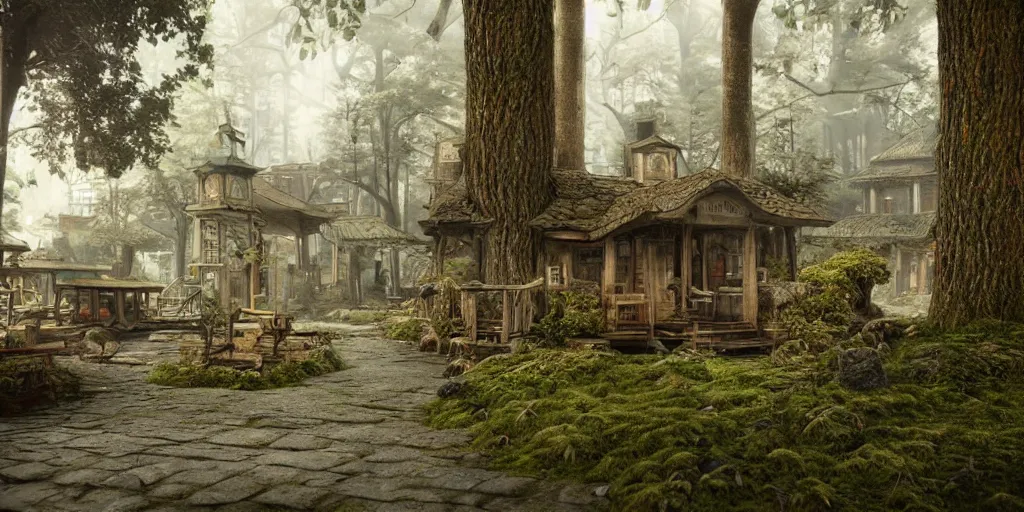 Image similar to a beautiful realistic detailed city carved in a wood, surrounded by mold and moss, photorealistic, octane render, volumetric lighting,