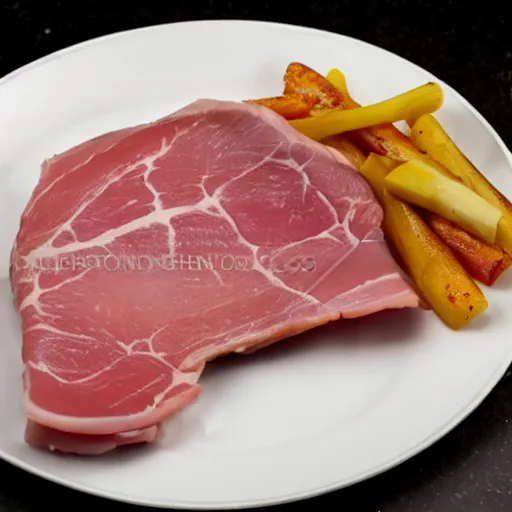 Image similar to gordon ramsay as a cooked leg of ham on a plate