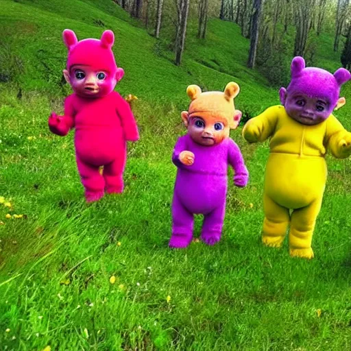 Prompt: Trail cam footage of the Teletubbies