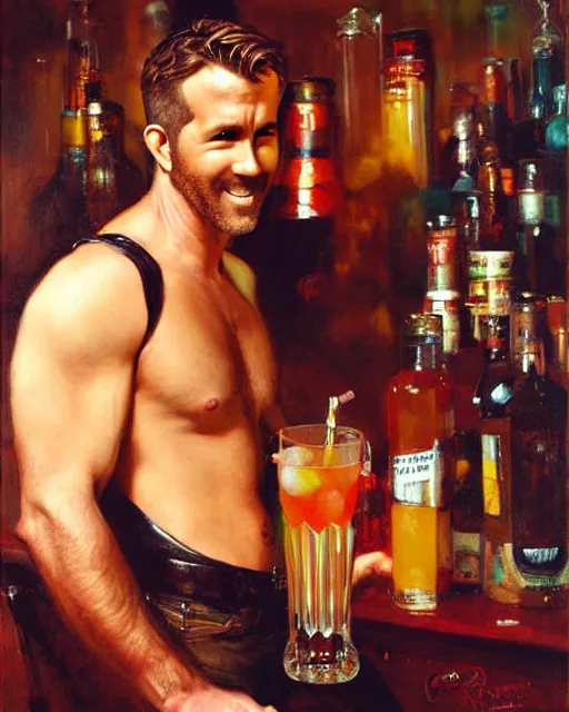 Image similar to ryan reynolds mixing drinks painting by gaston bussiere, craig mullins, j. c. leyendecker, tom of finland