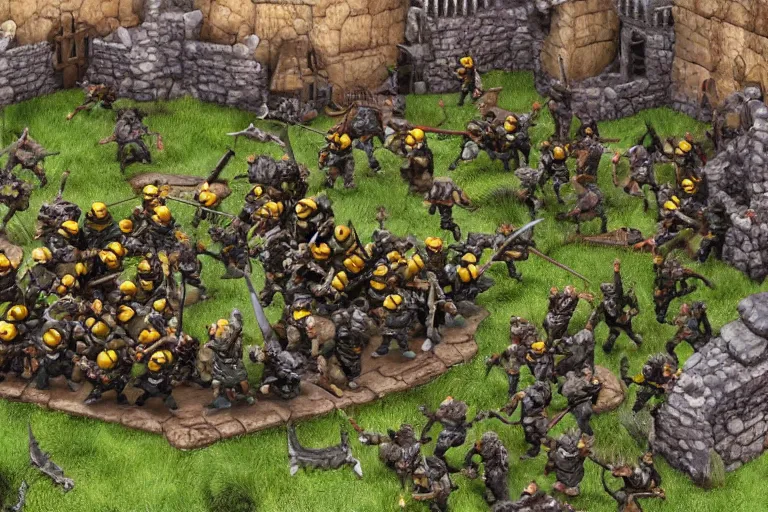 Image similar to diorama of minions fighting orcs in the battle of helm's deep, giant castle walls, realistic, 4 k, detailed