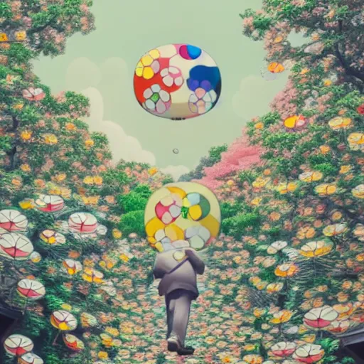 Image similar to a man walking on clouds away from the camera above kyoto by takashi murakami, beeple and james jean, aya takano color style, 4 k, super detailed, modern, 4 k, symmetrical