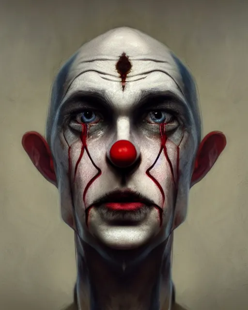 Image similar to centered detailed portrait of a sad clown identical eyes, fantasy, illustration, slender symmetrical face and body, artstation, cinematic lighting, hyperdetailed, cgsociety, 8 k, high resolution, charlie bowater, tom bagshaw, single face, insanely detailed and intricate, octane render, dark fractal background, vfx, postprocessing, featured on artstation, well - rendered